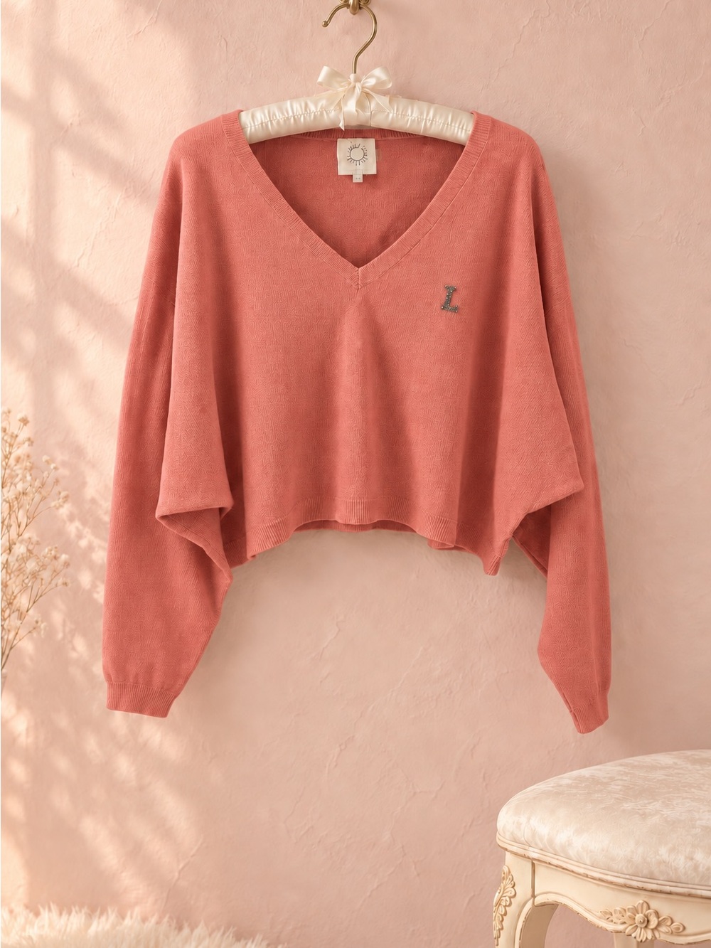 LILI SIDONIO Coral Pink Cropped V-Neck Sweater S/M